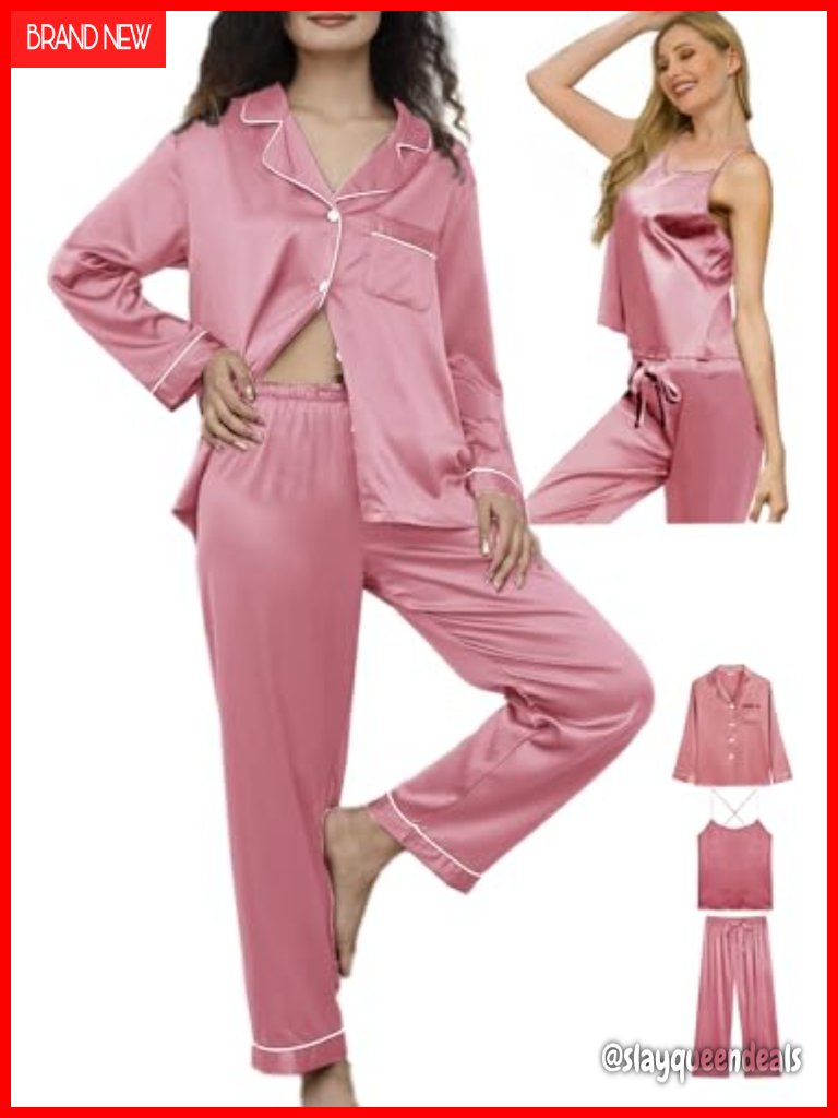 Women's 3-Piece Silky Satin Pajama Set Long Sleeve Cami Top & Pants Sleepwear